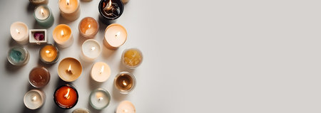 Burning candles on gray background, top view. Space for textの素材