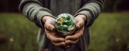 Hands holding a globe in nature. Ecology concept. selective focus.の素材