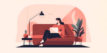 Young woman working on laptop at home. Freelance, remote work concept. Vector illustration in flat styleの素材
