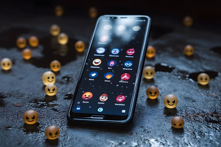 Halloween concept. Smartphone with scary faces on dark background.の素材