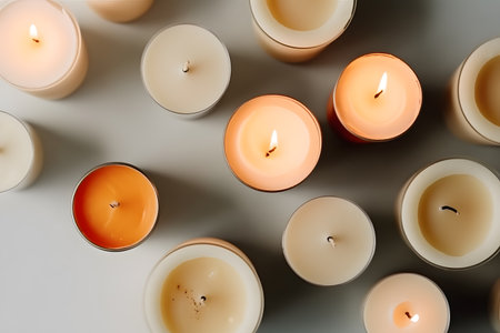 Burning candles on gray background, top view. Space for textの素材