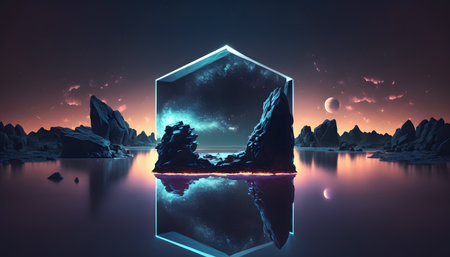 3d illustration of fantasy landscape with stone house and reflection in waterの素材