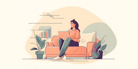 Young woman sitting on sofa and using laptop. freelance concept. Flat vector illustration.の素材