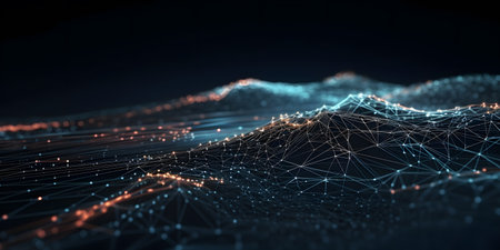 3d rendering of abstract digital landscape with flowing particles and depth of fieldの素材