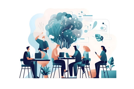 Business people sitting at table and brainstorming. Vector illustration in flat styleの素材