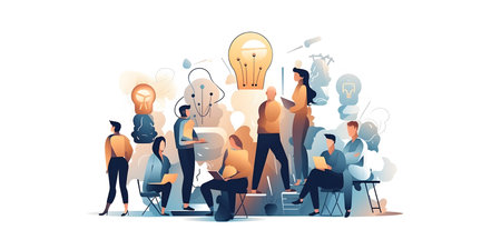 Teamwork and brainstorming concept. Teamwork and brainstorming. Businessmen and businesswomen with light bulbs. Vector illustration.の素材