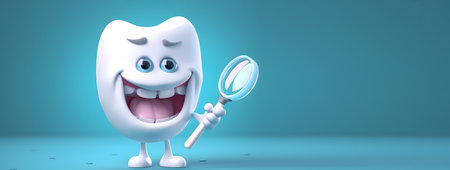 Tooth character with magnifying glass on blue background. 3d illustrationの素材