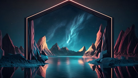 Fantasy landscape with lake and mountains at night. 3D renderingの素材