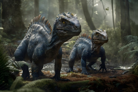 Tyrannosaurus rex dinosaurs in the jungle. 3d renderingの素材