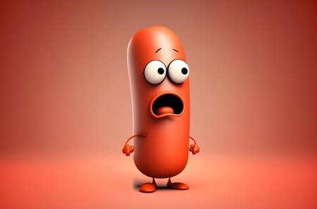 Sausage Cartoon Character with Surprised Facial Expression on Red Backgroundの素材