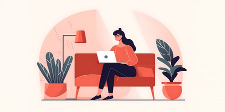 Woman working on laptop at home. Female character sitting on sofa and using computer. Vector illustration in flat styleの素材