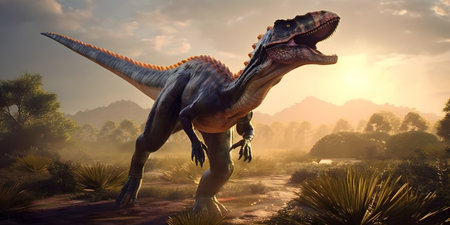 dinosaur stegosaurus in the desert at sunset 3d renderの素材