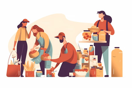 People buying products in grocery store. Men and women buying food in supermarket. Flat vector illustration.の素材