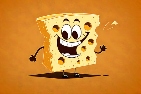 Illustration of a cartoon cheese on a grunge orange background.の素材