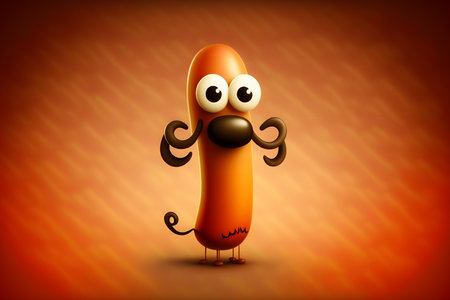 Hot dog cartoon character with funny expression on orange background. Vector illustration.の素材