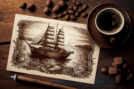 Cup of coffee and drawing of ship on old wooden background.の素材