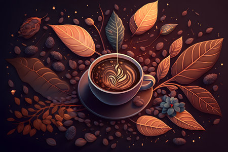 Cup of coffee with autumn leaves and berries. Vector illustration.の素材