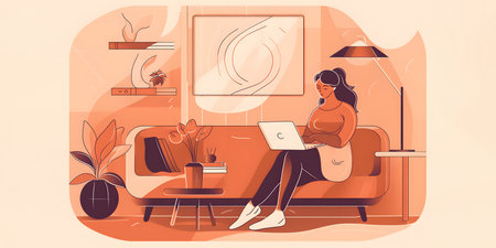 Pregnant woman working on laptop at home. Flat vector illustration.の素材