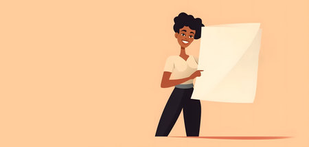 African american woman holding a sheet of paper. Vector illustration.の素材