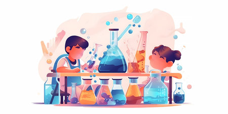 Chemistry science laboratory research and development vector illustration. Cartoon scientist and schoolboy working with test tubes and flasksの素材