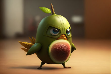 Funny green bird with watermelon in its mouth. 3D renderingの素材