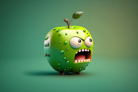 Funny green apple with funny face. 3d render illustration.の素材