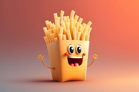 Funny french fries isolated on orange background. 3d illustration.の素材