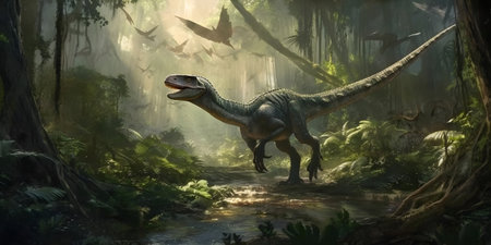 Dinosaur in the jungle - 3D render of a dinosaur in the jungleの素材