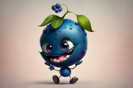 Blueberry character with green leafs and funny face 3d renderingの素材