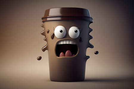 Coffee cup with funny face, 3d rendering. Computer digital drawing.の素材