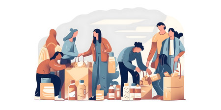 Volunteers and volunteers collecting food for poor people. Charity, donation concept. Vector illustration in cartoon styleの素材