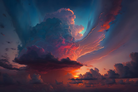 Beautiful sunset sky with clouds and sun rays. 3d renderingの素材