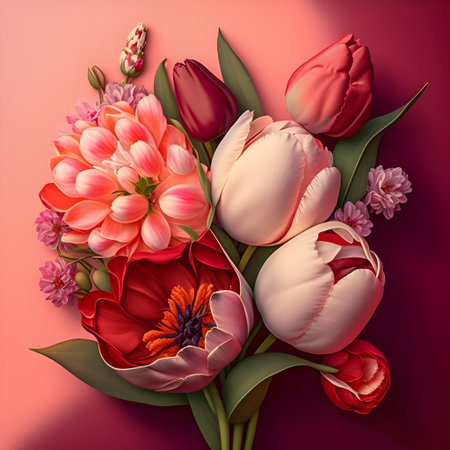 Bouquet of tulips on pink background. 3d illustrationの素材