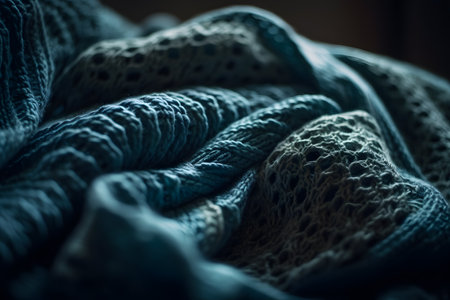 Blue knitted scarf close up. Cozy winter concept. soft focus.の素材