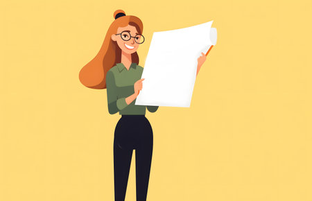 Young woman holding a sheet of paper. Vector illustration in cartoon style.の素材