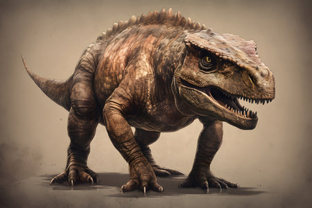 Tyrannosaurus rex dinosaur standing on a gray background.の素材