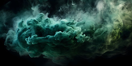 Dense multicolored smoke of green and blue colors on a black isolated background. Background from the smoke of vapeの素材