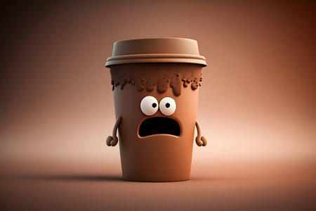 Coffee cup with a surprised face. 3d illustration.の素材