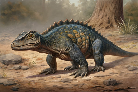 3D rendering of a dinosaur stegosaurus in the forest.の素材