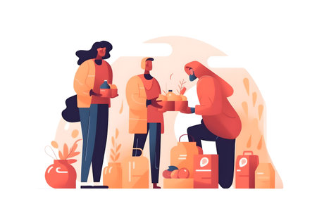 Volunteers giving food to poor people. Vector flat cartoon illustrationの素材