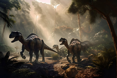 Dinosaur in the jungle. 3D rendering. fantasy forest.の素材