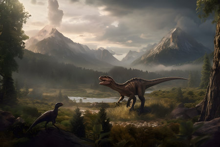 Dinosaur T-rex on background of mountains. 3d renderの素材