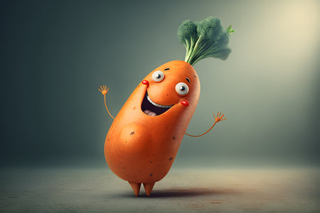 Funny orange carrot character with green leafs and funny face. Healthy food conceptの素材