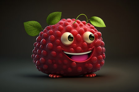 Funny raspberry character on dark background. 3d render illustration.の素材