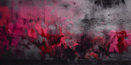 Red and black paint splashes on a dark concrete wall background.の素材