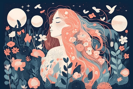 Beautiful girl with long hair surrounded by flowers and butterflies. Vector illustration.の素材