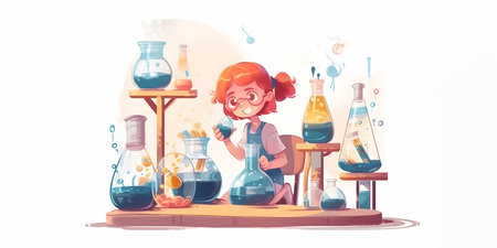Cute little girl scientist in the laboratory. Vector cartoon illustration. Science and education.の素材