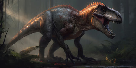 Dinosaur Tyrannosaurus Rex in the forest. 3d render.の素材