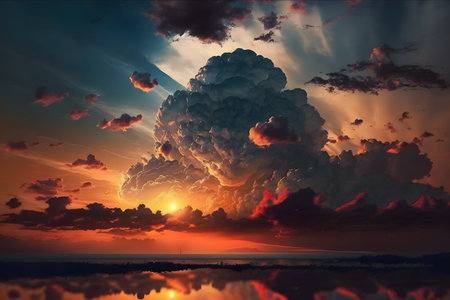 Sunset over the sea with stormy clouds. 3d renderの素材
