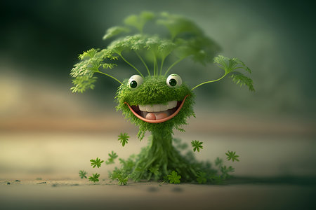 3d illustration of funny green plant character with big eyes and mouthの素材